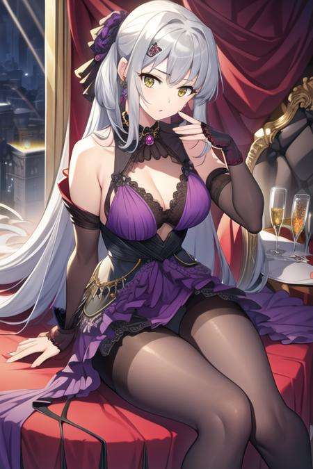 masterpiece,best quality,1girl,(solo:1.2),<lora:Yui(Majsoul)-000008:0.8>,Majsoul,YuiYagi,Yui_waltz,long hair,sliver hair,yellow eyes,sitting,full body,purple dress,black lace glove,black pantyhose,jewelry,