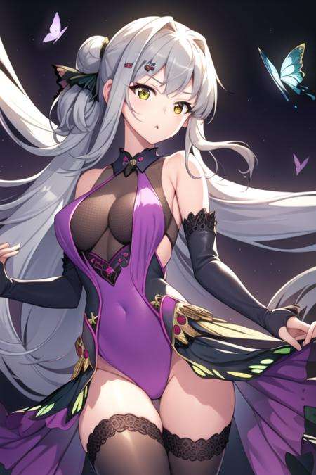 masterpiece,best quality,1girl,(solo:1.2),<lora:Yui(Majsoul)-000008:0.8>,Majsoul,YuiYagi,Yui_dancer,long hair,sliver hair,yellow eyes,standing,upper body,from side,purple dress,butterfly,black thighhighs,detached sleeves,black bodysuit,