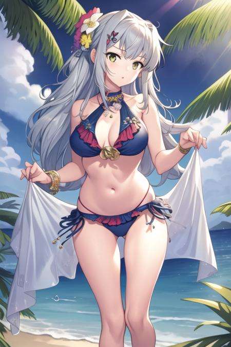 masterpiece,best quality,1girl,(solo:1.2),<lora:Yui(Majsoul)-000008:0.8>,Majsoul,YuiYagi,Yui_swimsuit,long hair,sliver hair,yellow eyes,standing,full body,flower ornament, bikini,butterfly,beach,