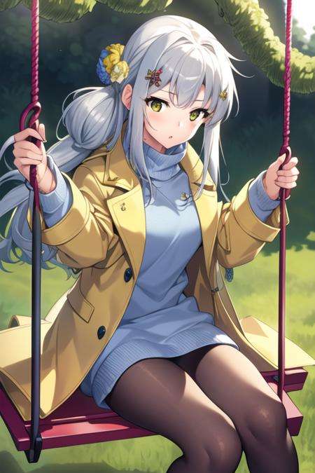 masterpiece,best quality,1girl,(solo:1.2),<lora:Yui(Majsoul)-000008:0.8>,Majsoul,YuiYagi,Yui_swing,long hair,sliver hair,yellow eyes,sitting,upper body,one leg up,light blue sweater,(yellow coat:1.3),black pantyhose,flower ornament,(swing:1.2),grass,trees,