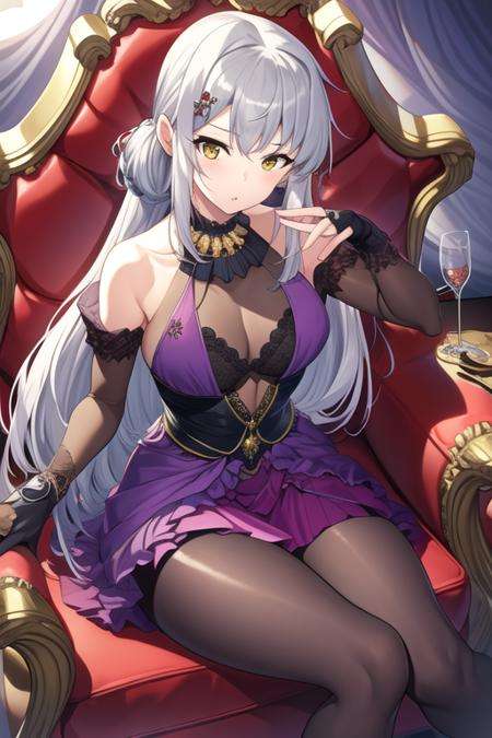 masterpiece,best quality,1girl,(solo:1.2),<lora:Yui(Majsoul)-000008:0.8>,Majsoul,YuiYagi,Yui_waltz,long hair,sliver hair,yellow eyes,sitting,full body,purple dress,black lace glove,black pantyhose,jewelry,luxury chair,