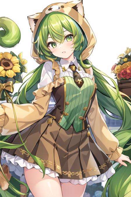 masterpiece,best quality,1girl,(solo:1.2),<lora:Yuzu(Majsoul)-000014:0.8>,Majsoul,Yuzu(Majsoul),Yuzu_costume,green hair,green eyes,long hair,cat ears,standing,full body,animal costume,frilled sleeve,jewelry,(brown skirt:1.1),necktie,white shirt,brown legwear,animal tail,