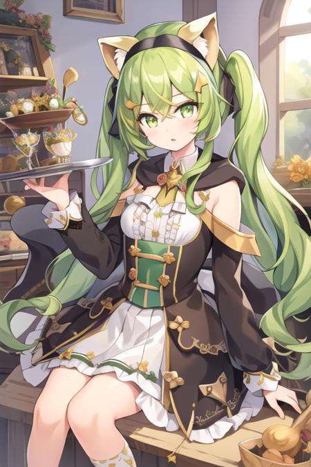 masterpiece,best quality,1girl,(solo:1.2),<lora:Yuzu(Majsoul)-000010:0.8>,Majsoul,Yuzu(Majsoul),Yuzu_magic,green hair,green eyes,long hair,cat ears,sitting,full body,frilled sleeve,jewelry,magical girl,animal tail,magic wand,animal ears,black hairband,cloak,black shoes,