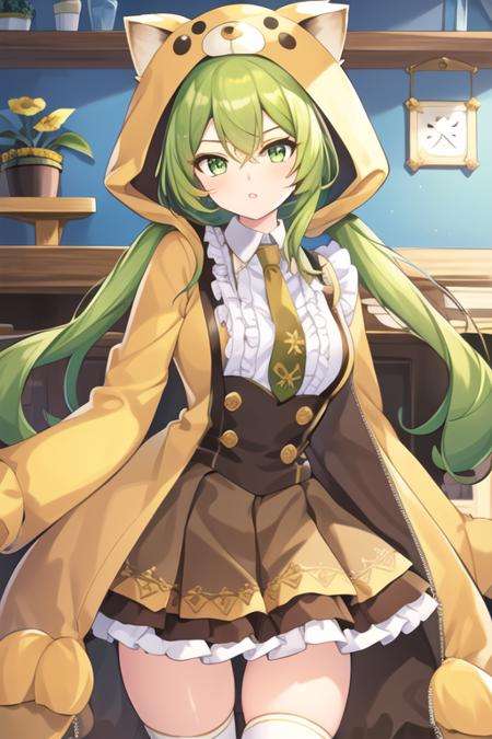 masterpiece,best quality,1girl,(solo:1.2),<lora:Yuzu(Majsoul)-000010:0.8>,Majsoul,Yuzu(Majsoul),Yuzu_costume,green hair,green eyes,long hair,cat ears,standing,full body,(animal costume:1.2),frilled sleeve,jewelry,(brown skirt:1.2),necktie,white shirt,brown legwear,