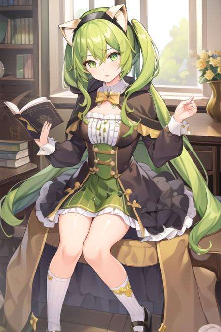 masterpiece,best quality,1girl,(solo:1.2),<lora:Yuzu(Majsoul)-000010:0.8>,Majsoul,Yuzu(Majsoul),Yuzu_magic,green hair,green eyes,long hair,cat ears,sitting,full body,frilled sleeve,jewelry,animal ears,black hairband,cloak,black shoes,