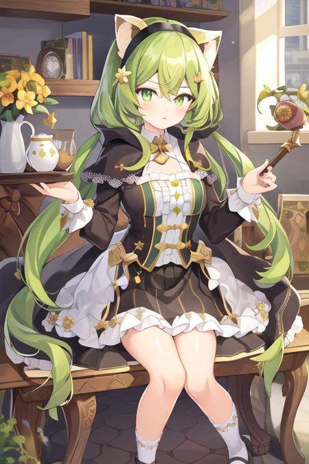 masterpiece,best quality,1girl,(solo:1.2),<lora:Yuzu(Majsoul)-000010:0.8>,Majsoul,Yuzu(Majsoul),Yuzu_magic,green hair,green eyes,long hair,cat ears,sitting,full body,frilled sleeve,jewelry,magical girl,animal tail,magic wand,animal ears,black hairband,cloak,black shoes,