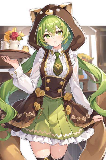 masterpiece,best quality,1girl,(solo:1.2),<lora:Yuzu(Majsoul)-000010:0.8>,Majsoul,Yuzu(Majsoul),Yuzu_costume,green hair,green eyes,long hair,cat ears,standing,full body,(animal costume:1.2),frilled sleeve,jewelry,(brown skirt:1.2),necktie,white shirt,brown legwear,