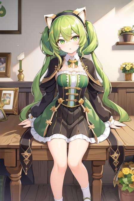 masterpiece,best quality,1girl,(solo:1.2),<lora:Yuzu(Majsoul)-000010:0.8>,Majsoul,Yuzu(Majsoul),Yuzu_magic,green hair,green eyes,long hair,cat ears,sitting,full body,frilled sleeve,jewelry,animal ears,black hairband,cloak,black shoes,