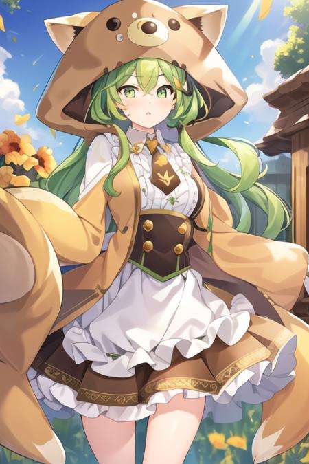 masterpiece,best quality,1girl,(solo:1.2),<lora:Yuzu(Majsoul)-000010:0.8>,Majsoul,Yuzu(Majsoul),Yuzu_costume,green hair,green eyes,long hair,cat ears,standing,full body,(animal costume:1.2),frilled sleeve,jewelry,(brown skirt:1.2),necktie,white shirt,brown legwear,