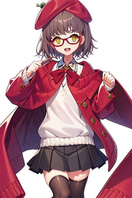 masterpiece,high quality,1girl,(solo:1.2),open mouth,(happy:1.2),(standing),looking at viewer,Hana_original,beret,white thighhighs,short hair,brown hair,yellow eyes,pleated skirt,red cape,sweater,red frame glasses,, <lora:EMS-4365-EMS:1>