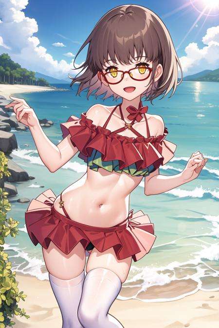 masterpiece,high quality,1girl,(solo:1.2),open mouth,(happy:1.2),(standing),looking at viewer,Hana_spring,white thighhighs,short hair,brown hair,yellow eyes,red frame glasses,swimsuit,bikini,beach,water,sea,, <lora:EMS-4365-EMS:1>