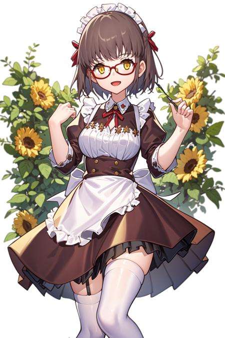 masterpiece,high quality,1girl,(solo:1.2),open mouth,(happy:1.2),(standing),looking at viewer,Hana_spring,white thighhighs,short hair,brown hair,yellow eyes,red frame glasses,maid,maid apron,maid headgear,, <lora:EMS-4365-EMS:1>