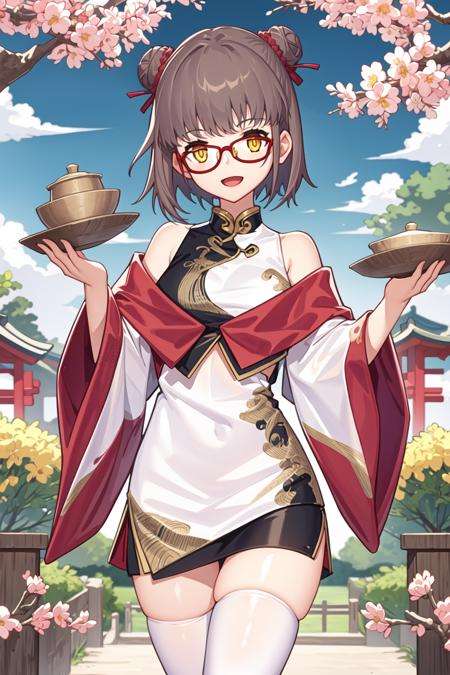 masterpiece,high quality,1girl,(solo:1.2),open mouth,(happy:1.2),(standing),looking at viewer,Hana_spring,white thighhighs,short hair,brown hair,yellow eyes,red frame glasses,spring festival,chinese clothes,red glove,bare shoulders,hair bun,, <lora:EMS-4365-EMS:1>