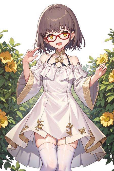 masterpiece,high quality,1girl,(solo:1.2),open mouth,(happy:1.2),(standing),looking at viewer,Hana_wedd,white thighhighs,short hair,brown hair,yellow eyes,bare shoulder,long dress,red frame glasses,, <lora:EMS-4365-EMS:1>