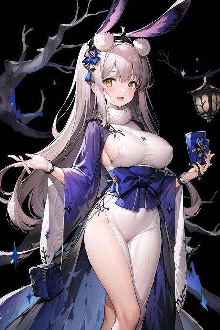 masterpiece,high quality,1girl,(solo:1.2),open mouth,(happy:1.2),(standing),looking at viewer,long hair,light gray hair,yellow eyes,rabbit ears,large breasts,kimono,hakama skirt,, <lora:EMS-4380-EMS:0.9>