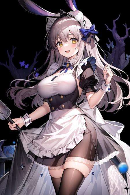 masterpiece,high quality,1girl,(solo:1.2),open mouth,(happy:1.2),(standing),looking at viewer,long hair,light gray hair,yellow eyes,rabbit ears,large breasts,maid,maid apron,, <lora:EMS-4380-EMS:0.9>