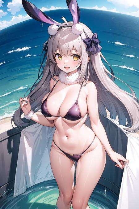 masterpiece,high quality,1girl,(solo:1.2),open mouth,(happy:1.2),(standing),looking at viewer,long hair,light gray hair,yellow eyes,rabbit ears,large breasts,Kaavi_bar,black bikini,, <lora:EMS-4380-EMS:0.9>