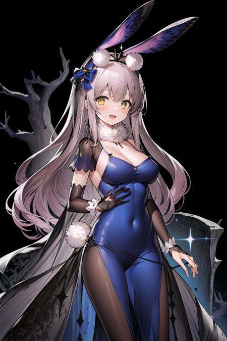 masterpiece,high quality,1girl,(solo:1.2),open mouth,(happy:1.2),(standing),looking at viewer,long hair,light gray hair,yellow eyes,rabbit ears,large breasts,Kaavi_original,long black glove,black pantyhose,fluffy collar,, <lora:EMS-4380-EMS:0.9>