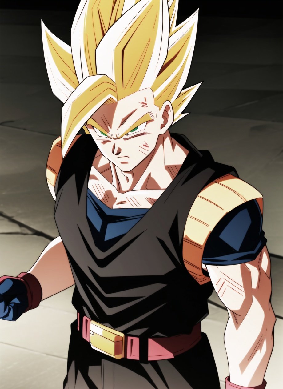 dbsuper style, 1boy, aura, belt, blonde hair, bruise, bruise on face, clenched hands, frown, furrowed brow, gloves, green eyes, grey gloves, injury, male focus, muscular, muscular male, solo, spiked hair, super saiyan, super saiyan 1, upper body, vest, widow's peak, ((masterpiece)) <lora:dbsuper_style_offset:1>