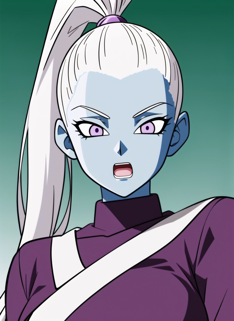 dbsuper style, solo, blue skin, 1girl, colored skin, purple eyes, white hair, open mouth, long hair, ponytail, hair pulled back, high ponytail, purple background, upper body, ((masterpiece)) <lora:dbsuper_style_offset:1>