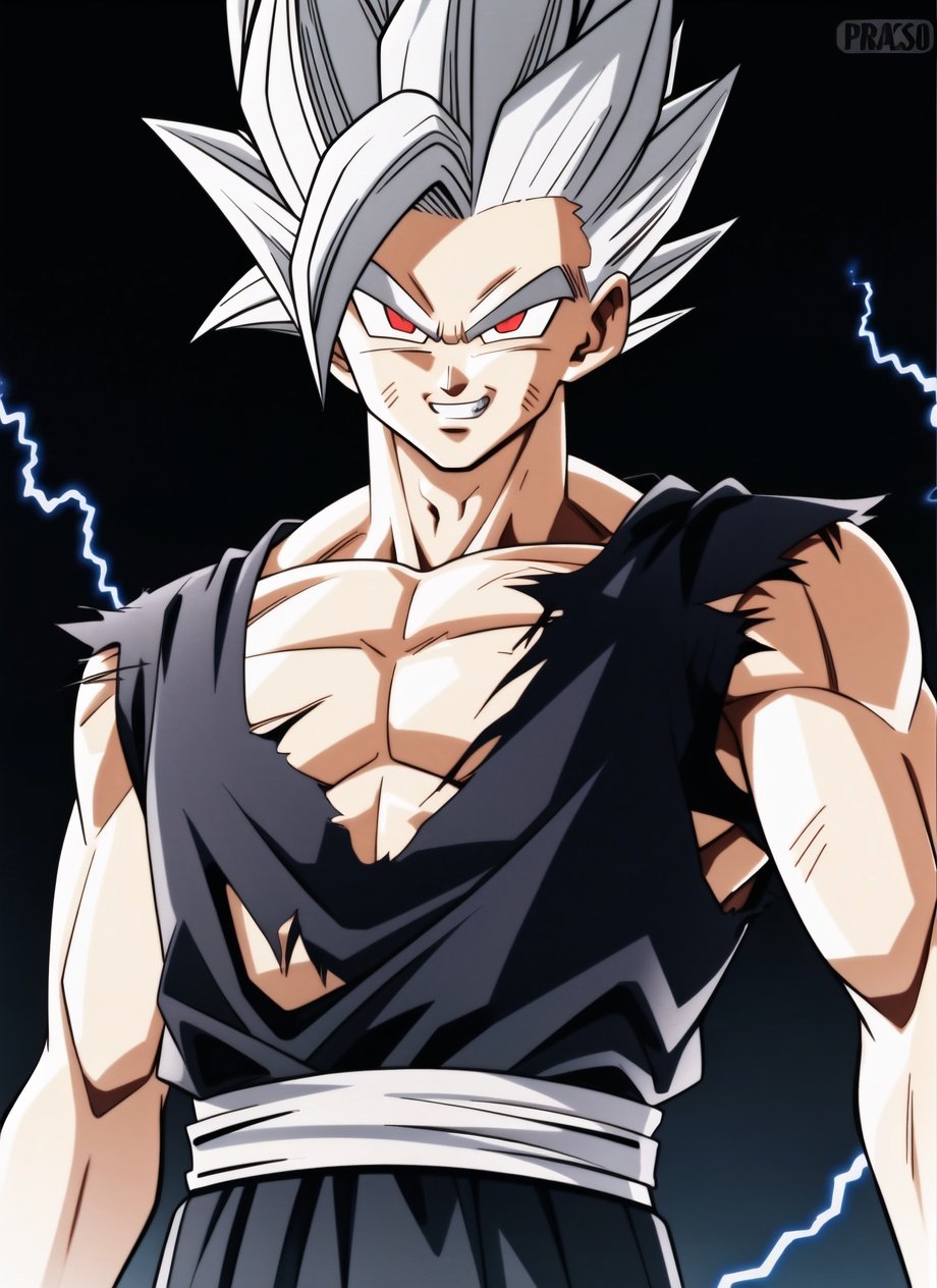 dbsuper style, super saiyan beast, son gohan, 1boy, artist name, biceps, black background, collarbone, dougi, electricity, energy, evil grin, evil smile, grey hair, grin, looking at viewer, male focus, muscular, muscular male, pectorals, red eyes, red sash, sash, scratches, outdoors, smile, solo, spiked hair, teeth, torn clothes, upper body, v-shaped eyebrows, ((masterpiece)) <lora:dbsuper_style_offset:1>