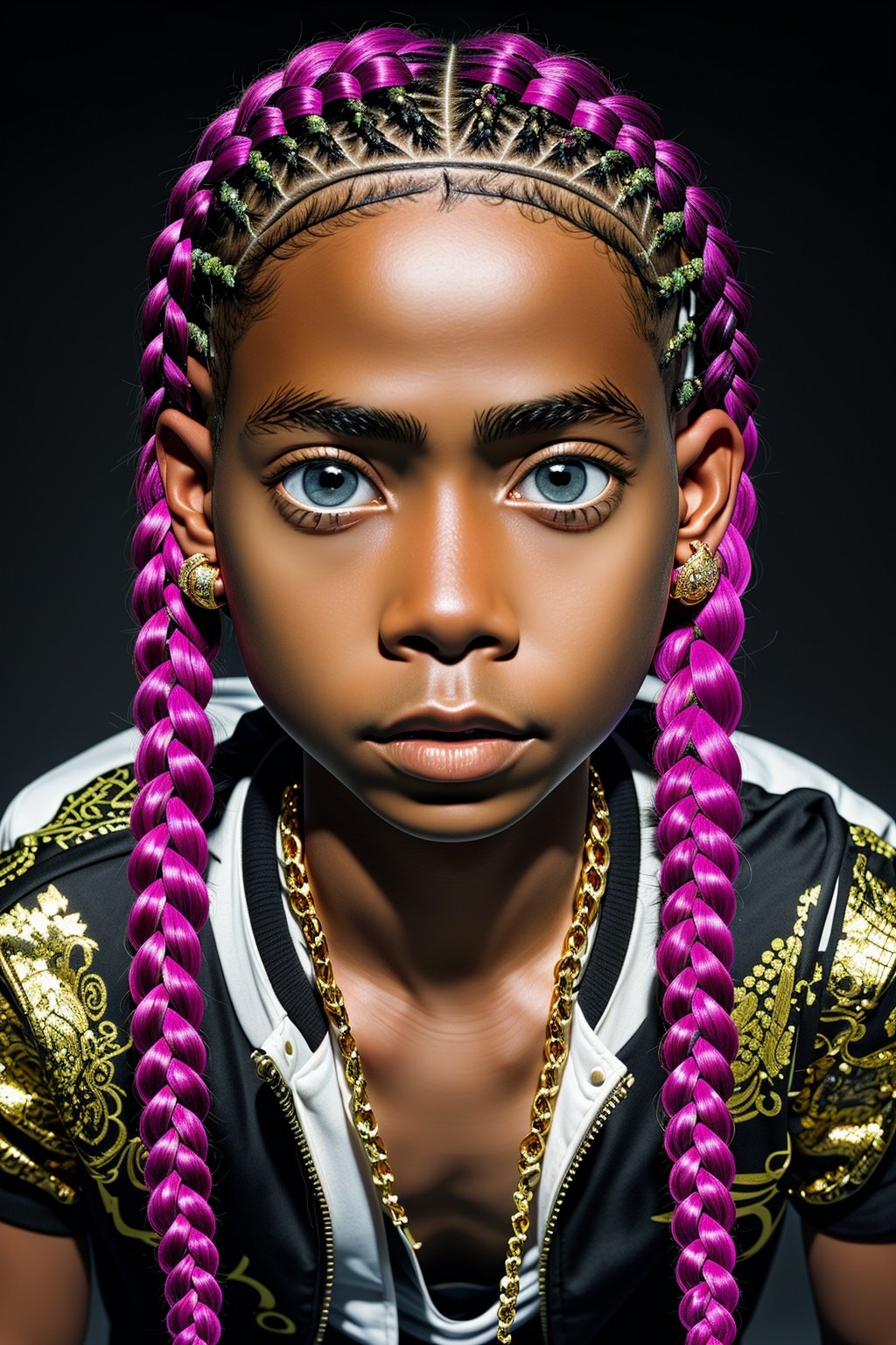 ((Best quality)), ((masterpiece)), ((realistic)) and ultra-detailed photography  1Boy nkneghmn  neon  ((Braided Hair)).  , Teen Male Boy, Rapping in a Fantasy Background with lots of gold jewelry and tons of diamonds, 3dmm style, (masterpiece, best quality), intricate details, solo, dark skin, purple eyes and pupils \ anime \), t, looking at viewer,3DMM
,perfecteyes