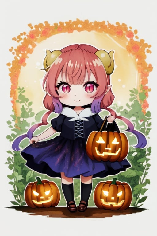 illustration of a cute girl, detailed pumpkins, halloween, manga style, kawaii, black, purple, pink, gold, detailed freplace, cute, kawaii, chibi, manga style, illustration, vintage style, epic light, fantasy, fantasy art, watercolor effect, bokeh, Adobe Illustrator, hand-drawn, digital painting, low-poly, retro aesthetic, focused on the character, 4K resolution, using Cinema 4D, white outline, vivid print, watrecolor painting, illustriation, 4k, manga style, detailed bookbinder, detailed potions, , <lora:EMS-907-EMS:1.6>