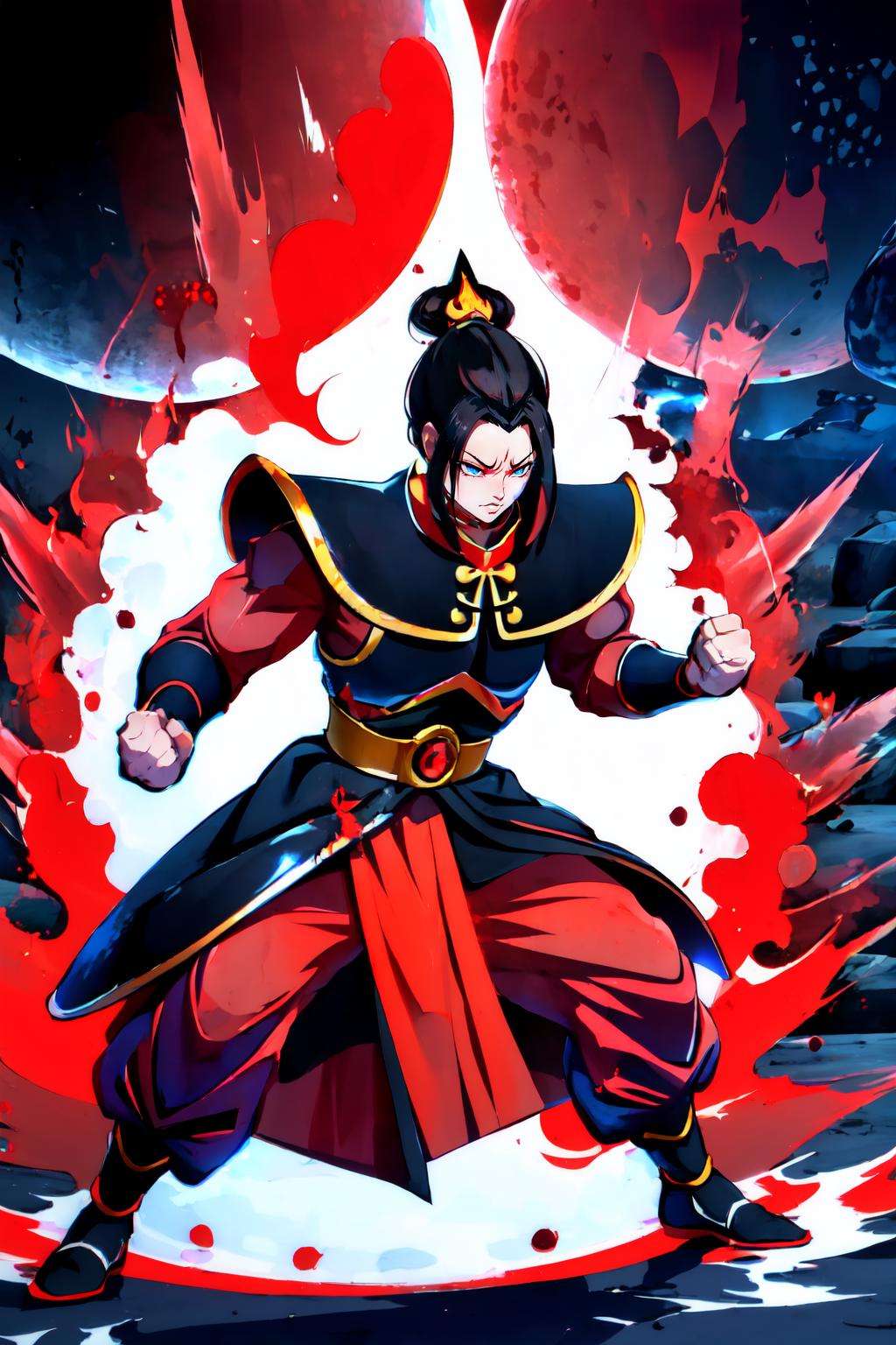 Highly detailed, High Quality, Masterpiece, beautiful, Ki Charge, aura, fighting stance, full body, <lora:DBKiCharge:0.9>, (dark red aura:1.2), azula, <lora:Char_Avatar_Azula:0.7>