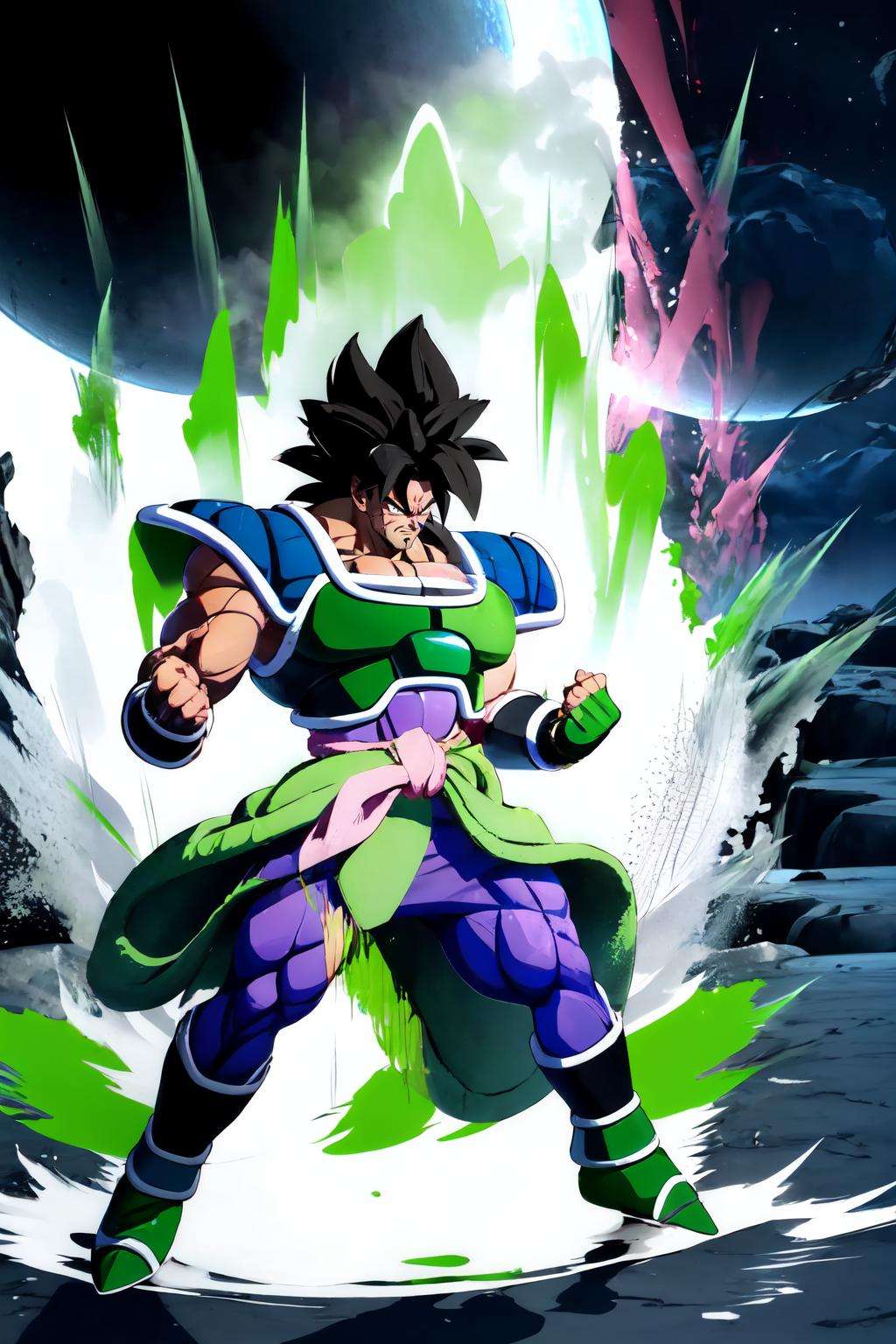 Highly detailed, High Quality, Masterpiece, beautiful, Ki Charge, aura, fighting stance, full body, <lora:DBKiCharge:0.9>, green aura, Broly, broly, muscular male, scar, scar on face, scar on chest, black hair, saiyan armor, <lora:Char_DragonBall_Broly:0.8>