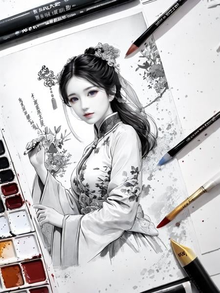 {{{{{{{illustration }}}}}}},1girl,[watercolor,]chinese dragon,chinese clothes,{{female focus on,lens 135mm f1.8}}, {{color Ink wash painting}},{{ink splashing}},{{color splashing}},{{{colorful}}},{{sketch}}, Masterpiece,best quality, beautifully painted,highly detailed,<lora:WuMo:1>