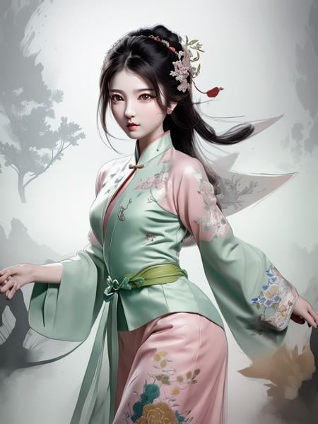 ((masterpiece)),((best quality)),(ultra-detailed),(illustration),((an extremely delicate and beautiful)),(dynamic angle),chinese dragon,china,1girl,(beautiful detailed eyes),cute pink eyes,green pupil,detailed face,upper body,messy floating hair,disheveled hair,focus,perfect hands<lora:WuMo:1.1>