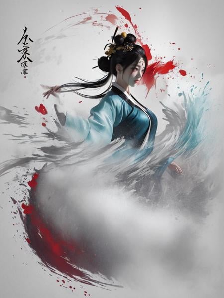 dramatic angle,(fluttered detailed ink splashs), (illustration),(((1 girl))),(long hair),(rain:0.6),((expressionless ,Carmine hair ornament:1.4)),(There is a palace far away from the girl),chinese clothes,((focus on the girl)), color Ink wash painting,(ink splashing),(Huaqing splashing),((colorful)),[sketch], Masterpiece,best quality, beautifully painted,highly detailed,(denoising:0.7),[splash ink],yin yang <lora:WuMo2:1>