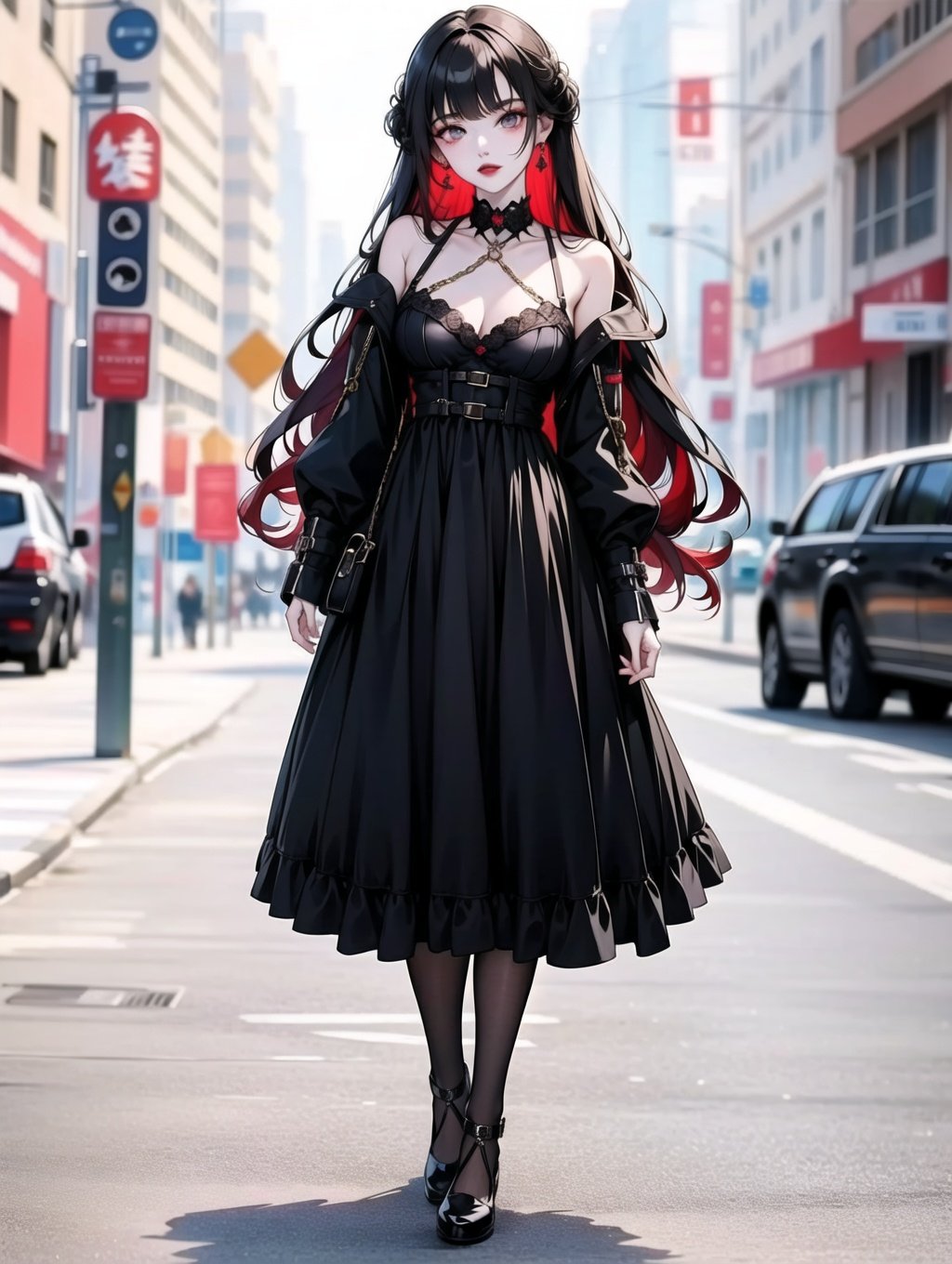 weibozh, masterpiece,best quality, ultra high long hair, 1girl, streetwear, red lips, beautiful eyes, looking at viewer,(full body:0.6), chains, black clothing, gothic, shoes, standing   <lora:weibozh:1>  