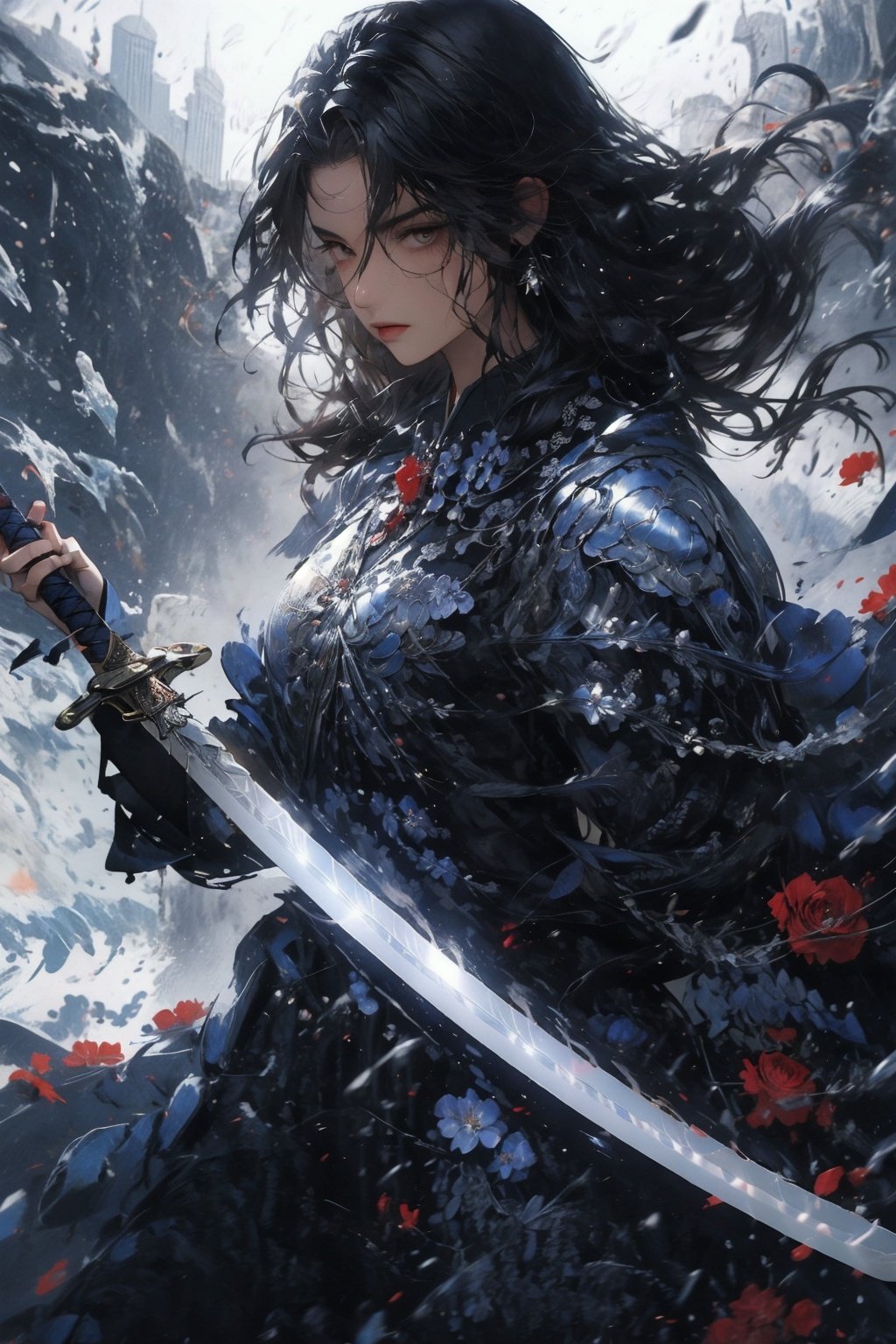 swordsman,1 girl,Holding a sword in hand,flower