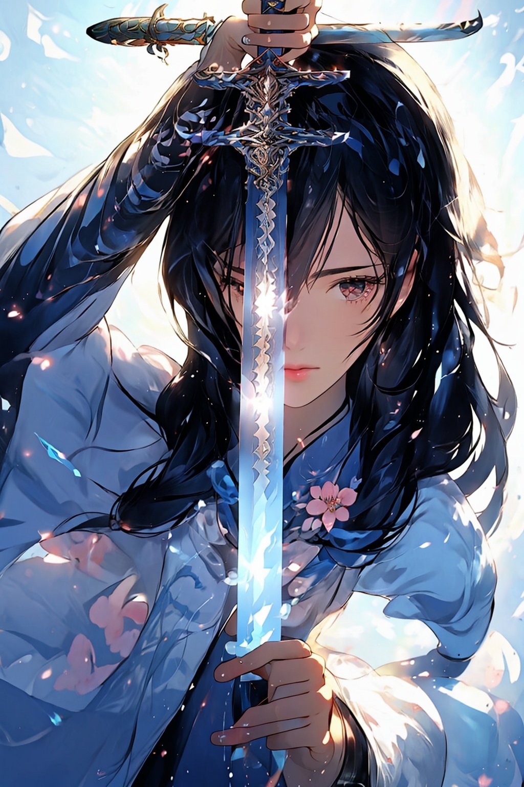 swordsman,1 girl,Holding a sword in hand,flower