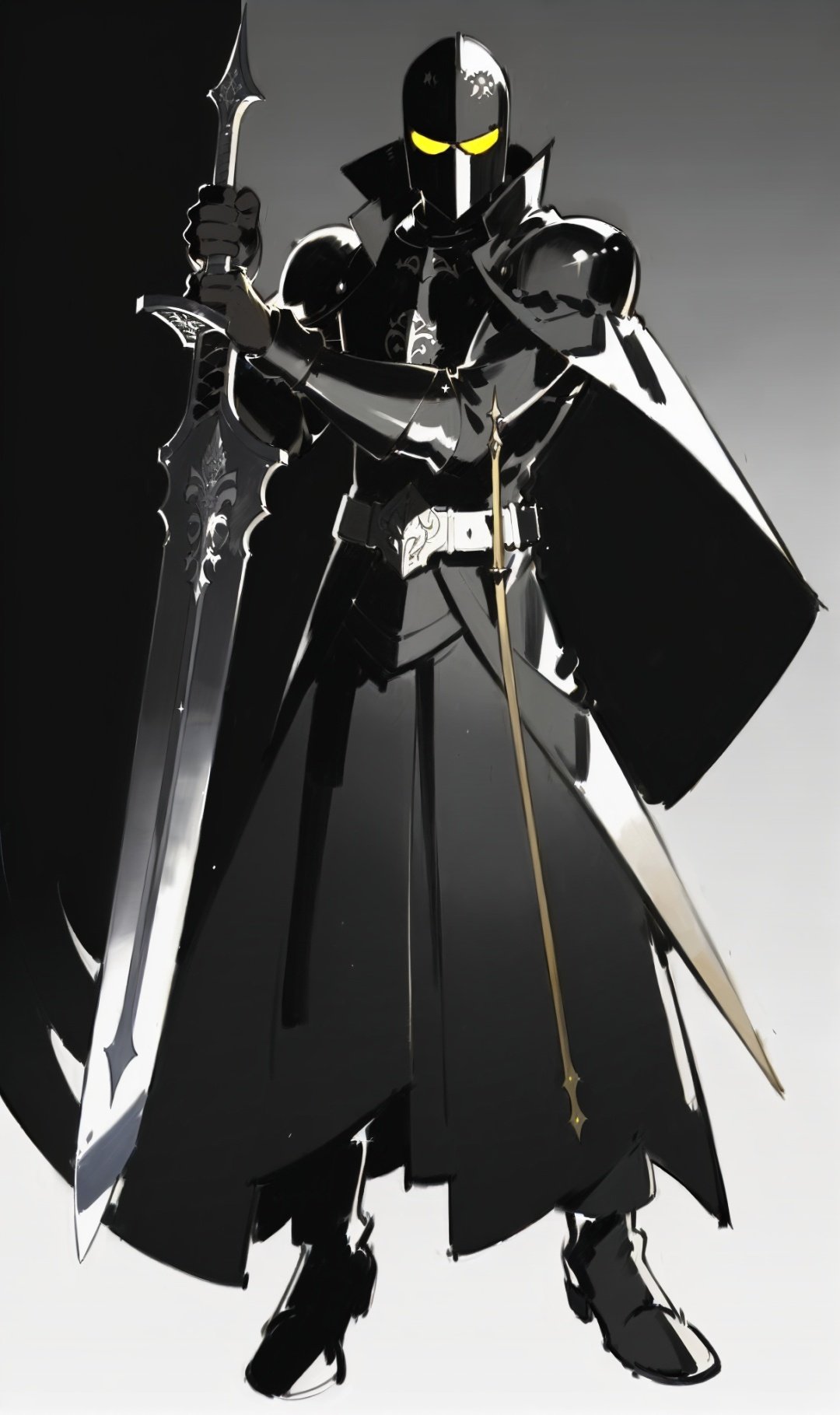 best quality, masterpiece, by starshadowmagic, full body, character illustration, (ultra-detailed:1.3), highres, best lighting and shadow, stunning color scheme, black background, solo, cape, holding, sword, armor, holding weapon, 1boy, male focus, black armor, glowing