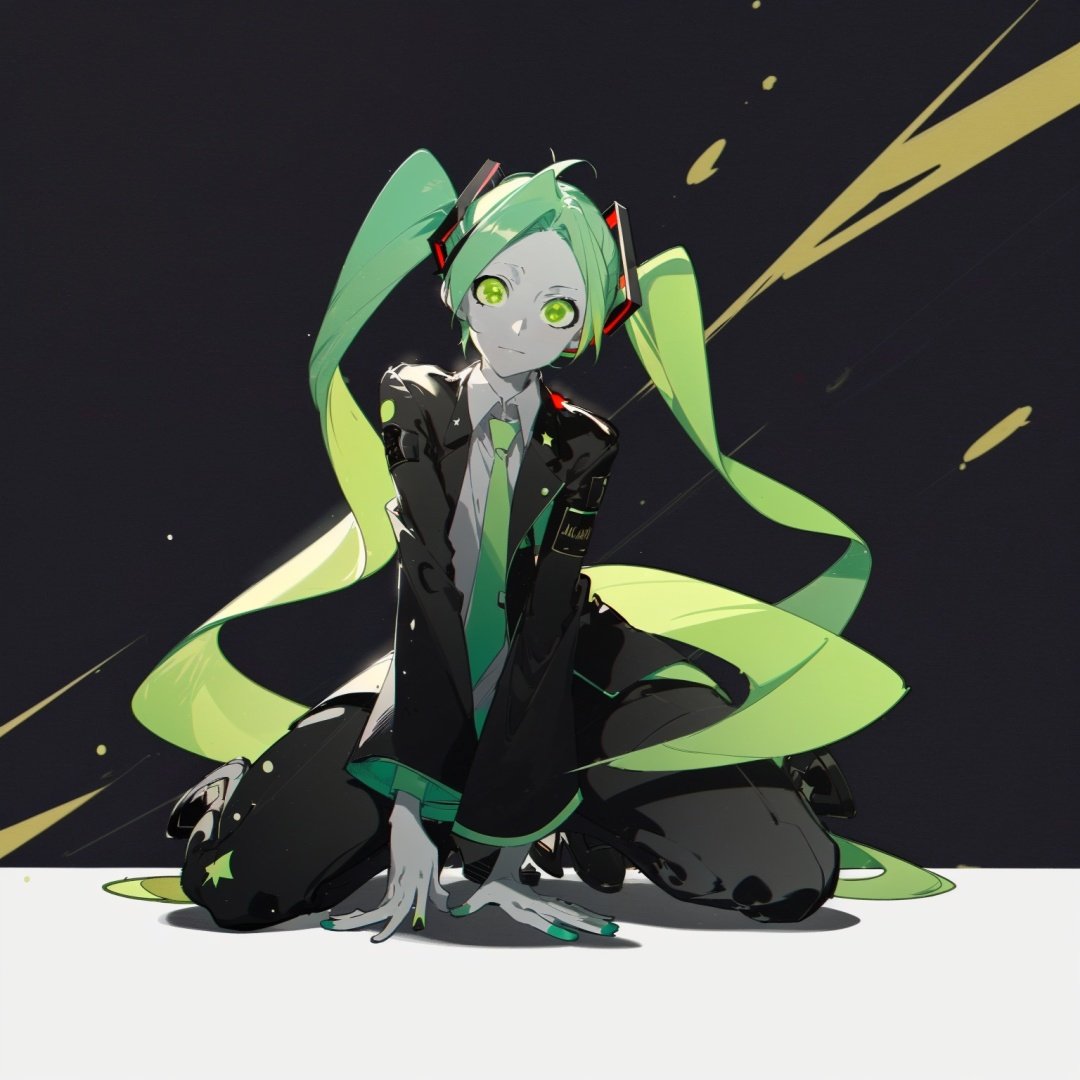 best quality, masterpiece, highres, by rella, alchemy stars full body character illustration, stunning color, radiant tones, best lighting and shadow, ultra-detailed, amazing illustration, an extremely delicate and beautiful, rebecca \(cyberpunk\), 1girl, solo, twintails, red sclera, artificial eye, green hair, mechanical eye, looking at viewer, shirt, colored sclera