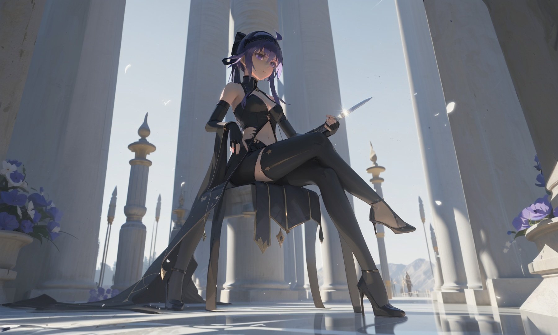 alchemy stars, by void, highres, hassan of serenity \(fate\), assassin \(fate\), dark skin, dark-skinned female, purple hair, purple eyes, breasts, 1girl, short hair, gloves, fingerless gloves, (center opening:1.3), medium breasts, hairband, weapon, navel, bare shoulders, brown hair, stairs, ponytail, black hairband, black gloves, long hair, pillar, knife, leotard, holding, statue, black leotard, sitting, column, kunai