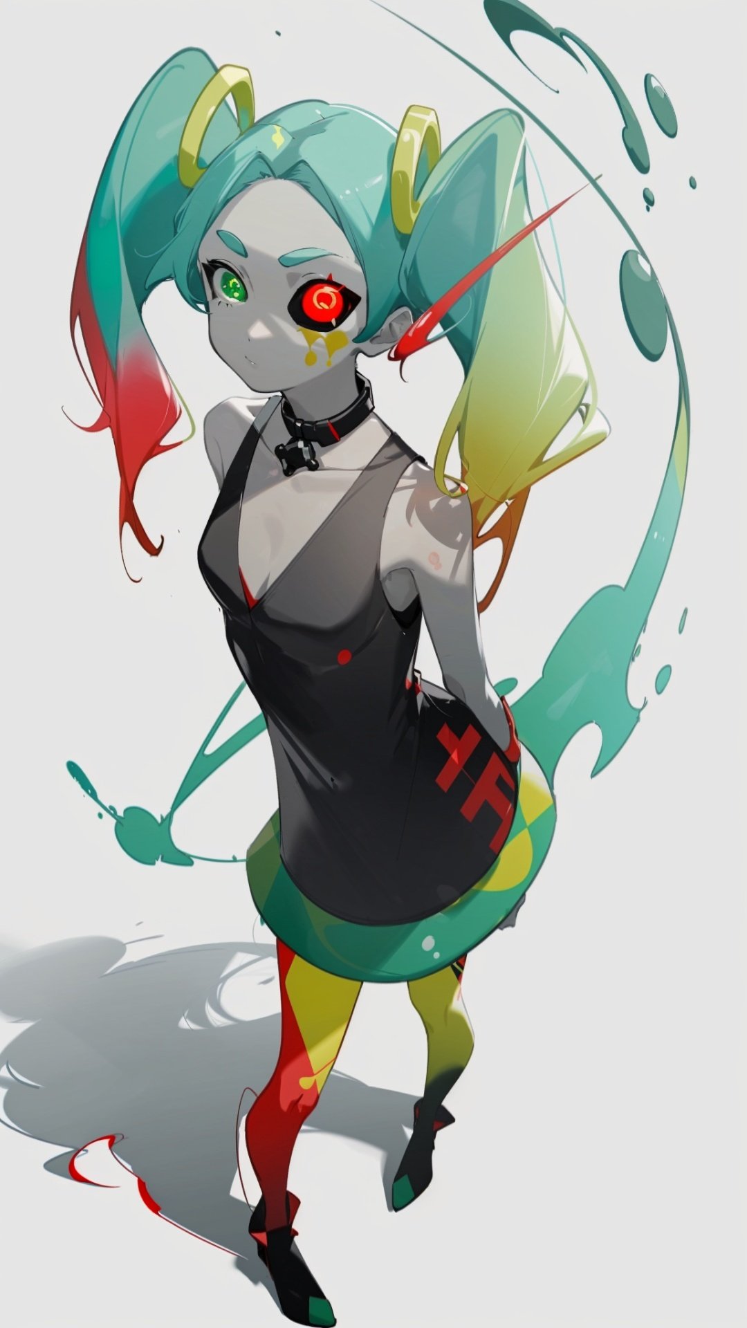 best quality, masterpiece, highres, by chi4, alchemy stars full body character illustration, stunning color, radiant tones, best lighting and shadow, ultra-detailed, amazing illustration, an extremely delicate and beautiful, rebecca \(cyberpunk\), 1girl, solo, twintails, red sclera, artificial eye, green hair, mechanical eye, looking at viewer, shirt, colored sclera