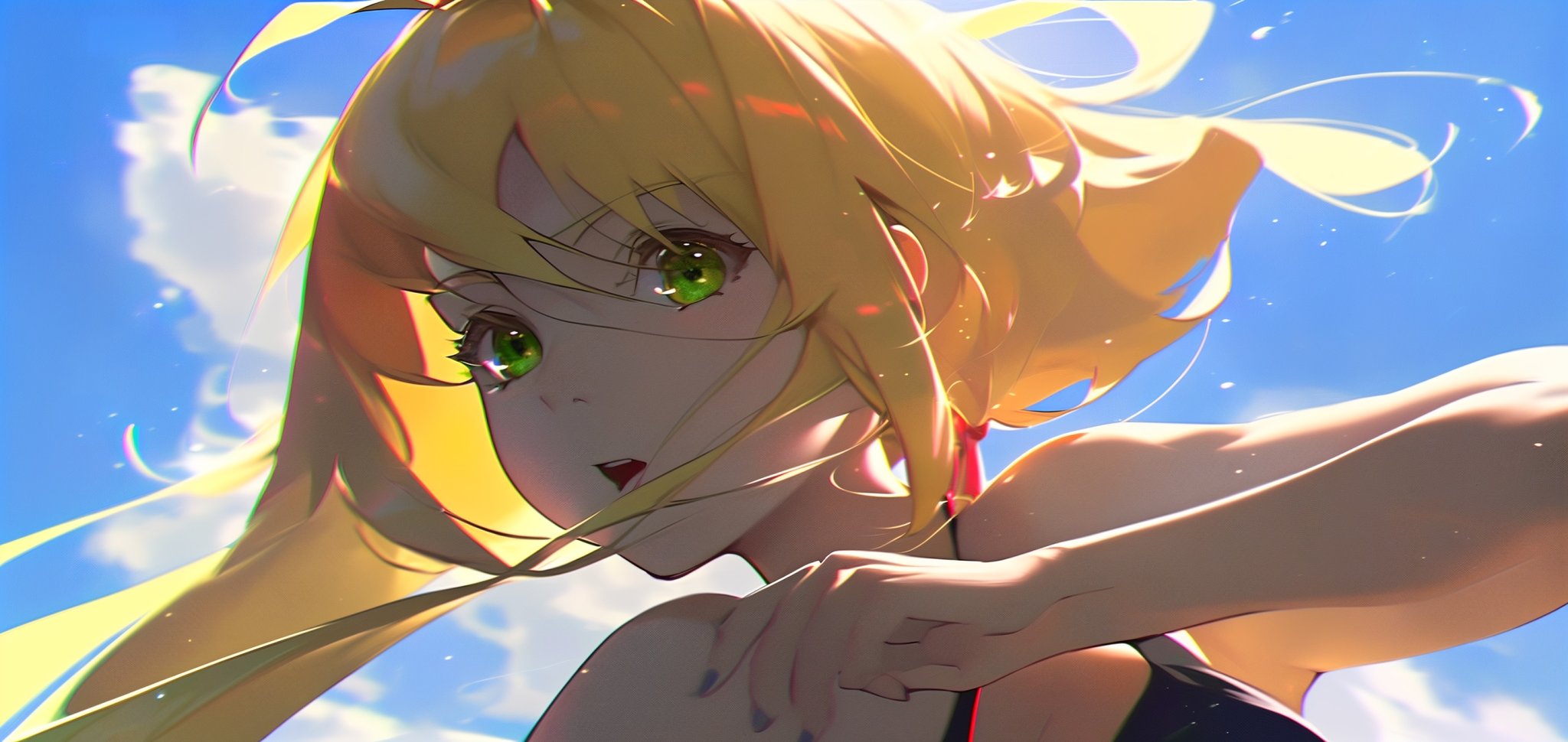 best quality, masterpiece, highres, stunning color, radiant tones, best lighting and shadow, ultra-detailed, amazing illustration, an extremely delicate and beautiful, by wlop, nero claudius (fate), nero claudius (fate, lion, 1girl, breasts, blonde hair, green eyes, cleavage, ahoge, sky, animal on shoulder, day, animal