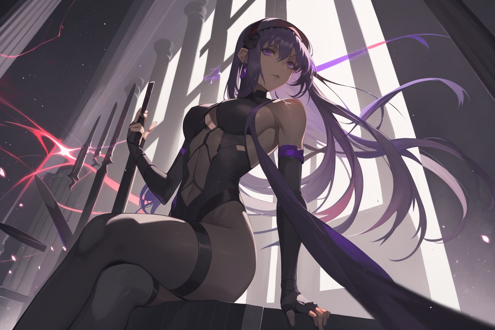 by nine, hassan of serenity \(fate\), assassin \(fate\), dark skin, dark-skinned female, purple hair, purple eyes, breasts, 1girl, short hair, gloves, fingerless gloves, center opening, medium breasts, hairband, weapon, navel, bare shoulders, brown hair, stairs, ponytail, black hairband, black gloves, long hair, pillar, knife, leotard, holding, statue, black leotard, sitting, column, kunai