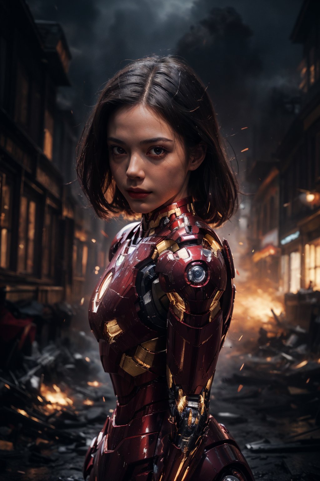 Best quality,masterpiece,ultra high res,(photorealistic:1.2),1girl,upper body,<lora:FIRE02:0.6>,the whole body,mecha,iron man,rush forward,