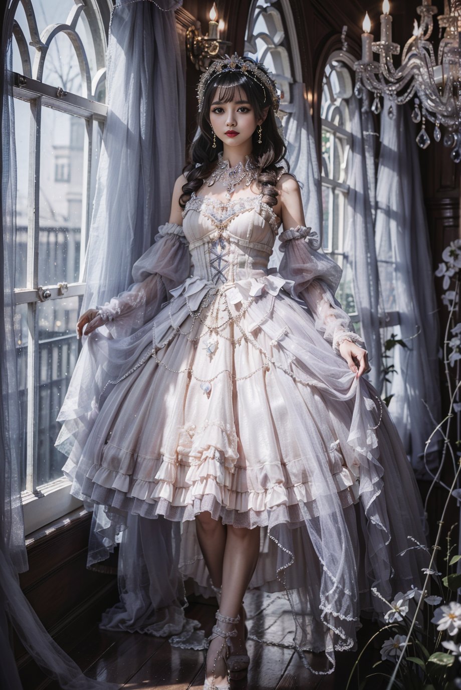 realistic, photorealistic, masterpiece, absurdres, incredibly absurdres, extremely detailed, best quality, lodress, white pantyhose,high heels, full body, 1girl, solo, slim, long black hair, expressionless, looking at viewer, detailed background, standing, indoors, palace, luxury decorations, sunshine,  <lora:lo_dress_classic_style3_v1:0.7>