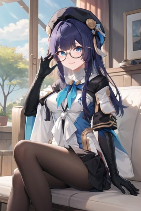 ((masterpiece, best quality)), very detailed,1girl,smile,sitting,indoors,medium breasts,bow breasts, beret, pela, honkai star rail, black_gloves, black_headwear, black_legwear, blue_eyes, dress, glasses, gloves, hat, long_hair, looking_at_viewer, pantyhose, red-framed_eyewear, semi-rimless_eyewear, solo, under-rim_eyewear <lora:pela-15:0.7> 