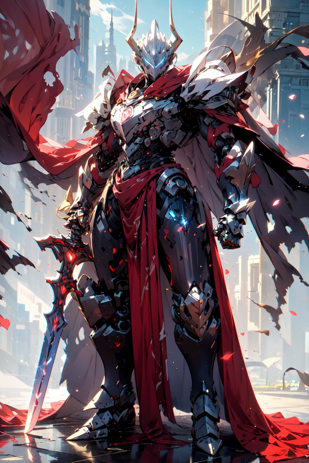 (masterpiece:1.2), best quality,PIXIV,,breast,weapon, sword, armor, holding weapon, holding, holding sword, solo, gauntlets, cape, red cape, full armor, helmet, torn cape, male focus, standing, glowing, shoulder armor, red theme, pauldrons, breastplate, torn clothes, greaves, crack, horns, knight, torn, armored boots<lora:Gundam girl_20230712160146:1>