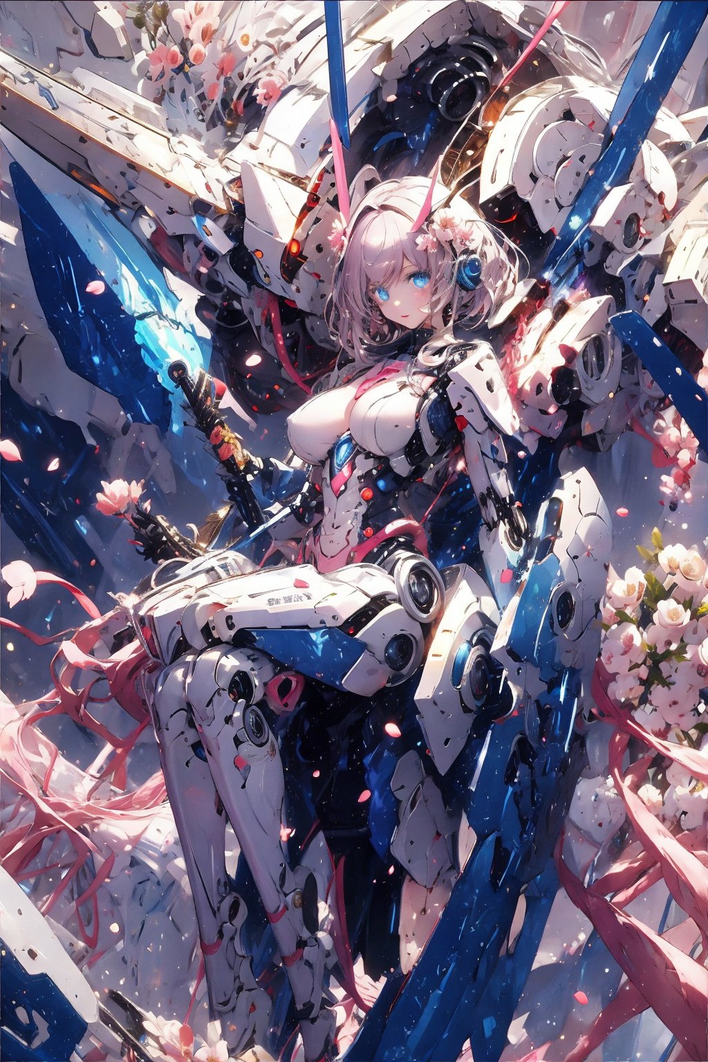 (masterpiece:1.2), best quality,PIXIV,1girl, breasts, solo, long hair, blue eyes, mecha musume, large breasts, letterboxed, petals, flower, white hair, helmet, armor, pink flower<lora:Gundam girl_20230712160146:1>