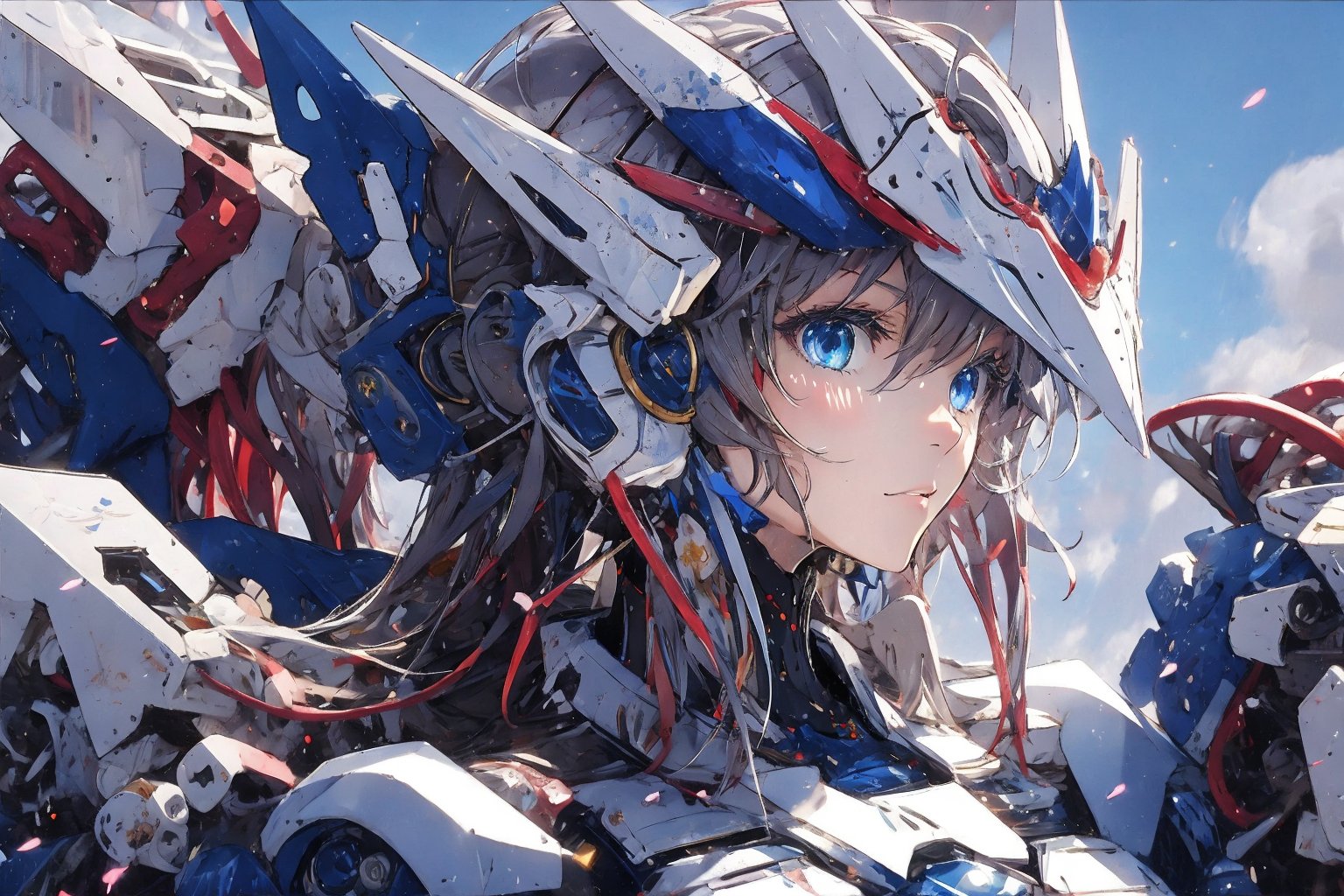 (masterpiece:1.2), best quality,PIXIV,1girl, solo, blue eyes, looking at viewer, mecha musume, brown hair, sky, closed mouth, portrait, blue sky, helmet, bangs<lora:Gundam girl_20230712160146:0.8>