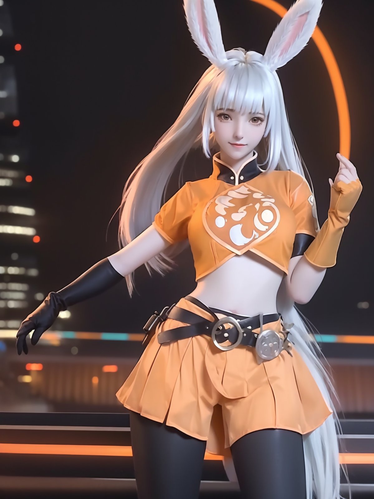 1girl,white hair, rabbit ears, navel, looking at viewer, cityscape, night, bangs, crop top,orange skirt, ponytail, orange shirt, standing, see-through, short sleeves,black elbow gloves,belt,  <lora:guofenggongsunli_20230713214601-000010:0.8>