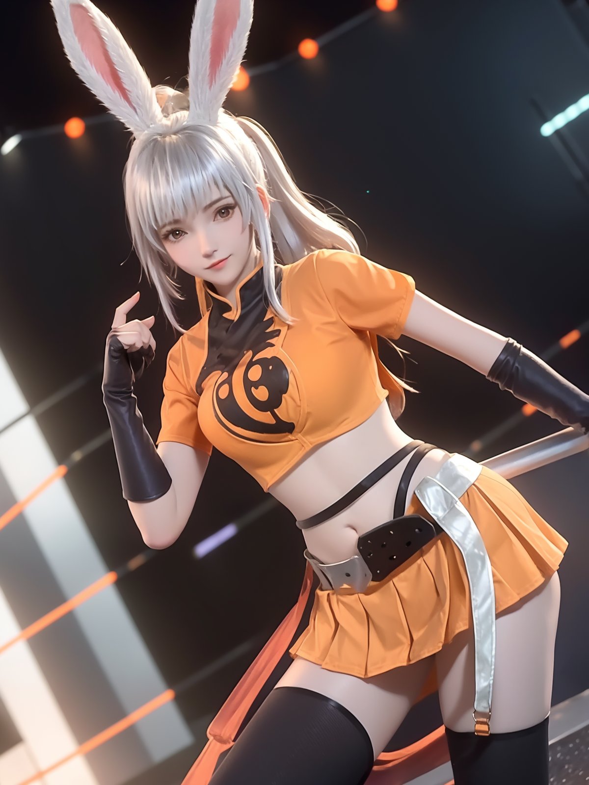 1girl, rabbit ears, navel, looking at viewer, cityscape, night, bangs,orange crop top,orange skirt, ponytail, shirt, standing, see-through, short sleeves, elbow gloves, belt,   <lora:guofenggongsunli_20230713214601:0.8>,white hair,