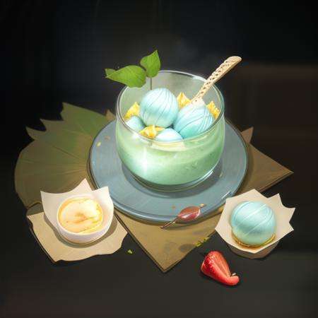 gameicon,masterpiece,best quality,ultra-detailed,masterpieces,The image is a scoop of ice cream in a cup, with a red cherry, a glass spoon, and green mint leaves,HDTransparent background, 3D rendering2D, Blender cycle, Volume light,No human, objectification, fantasy, fantasy <lora:﷿物:1>